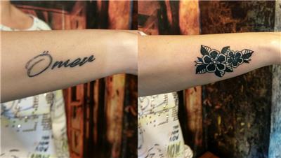 omer-isim-dovmesi-uzerini-old-school-cicek-dovmesi-ile-kapatma-calismasi---name-tattoo-cover-up-with-old-school-flower-tattoo