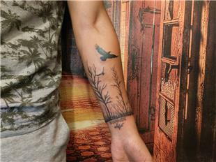 Kol zerine Aalar Orman ve Kartal Dvmesi / Forest Birds Trees Eagles Arm Tattoo