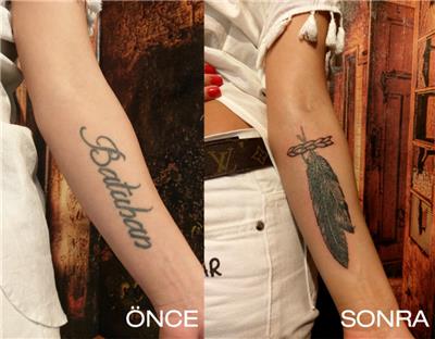 batuhan-isim-dovmesi-tuy-dovmesi-ile-kapatma---name-tattoo-cover-up-with-feather