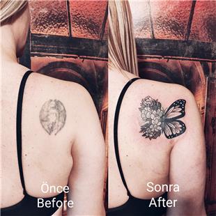 Kelebek ve iekler ile Dvme Kapatma almas / Tattoo Cover Up with Butterfly and Flower Tattoo