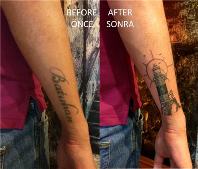 batuhan-isim-kol-dovmesi-deniz-feneri-ile-kapatma---name-tattoo-cover-up-with-lighthouse-tattoo