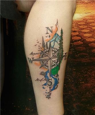pusula-ve-doga-renkli-harita-dovmesi---compass-and-nature-map-tattoo
