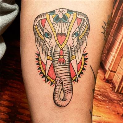renkli-fil-dovmesi---old-school-elephant-tattoo