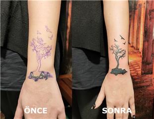 Bilek zerine Aa ve Kular ile sim Kapatma Dvmesi / Name Tattoo Cover Up with Tree and Birds