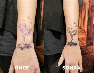 bilek-uzerine-agac-ve-kuslar-ile-isim-kapatma-dovmesi---name-tattoo-cover-up-with-tree-and-birds