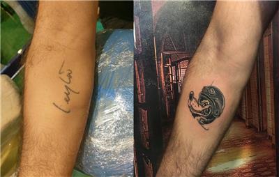 leyla-isim-dovmesi-motorsikletci-kurt-dovmesi-ile-kapatma-calismasi---name-tattoo-cover-up-with-wolf-biker-tattoo