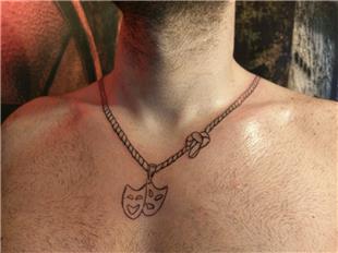 Halat p Kolye Tiyatro Maskeleri Dm ve Tutuan Eller Dvmesi / Theatre Mask Holding Hands Knot Rope Chain Tattoo