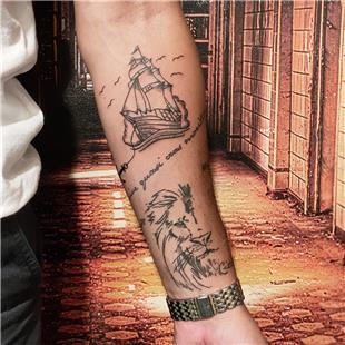 Gemi Aslan ve Yazı Dövmesi / Sailboat Ship Lion Tattoo