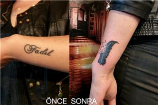 sim Dvmesi zerini Ty ve Kular ile Kapatma almas / Name Tattoo Cover Up with Feather and Birds