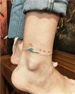 Ayak Bileine Mavi Halhal Dalga Yldz Dvmesi / Blue Wave and Stars Anklet Tattoo