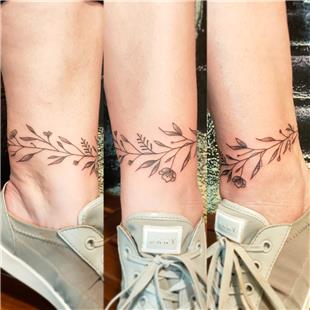 Ayak Bileine Dal Yaprak iek Dvmesi / Leaves Anklet Tattoo