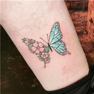 Mavi Kelebek ve Çiçekler Dövmesi / Blue Butterfly and Flowers Tattoo