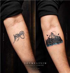 Da� ve A�a� Motifleri ile �sim Kapatma D�vmesi / Mountain and Tree Design Name Cover Tattoo